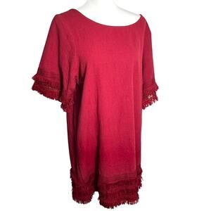 UMGEE Women's Large Red Burgundy Lace Fringe Short Sleeve Midi Dress Boho Cotton